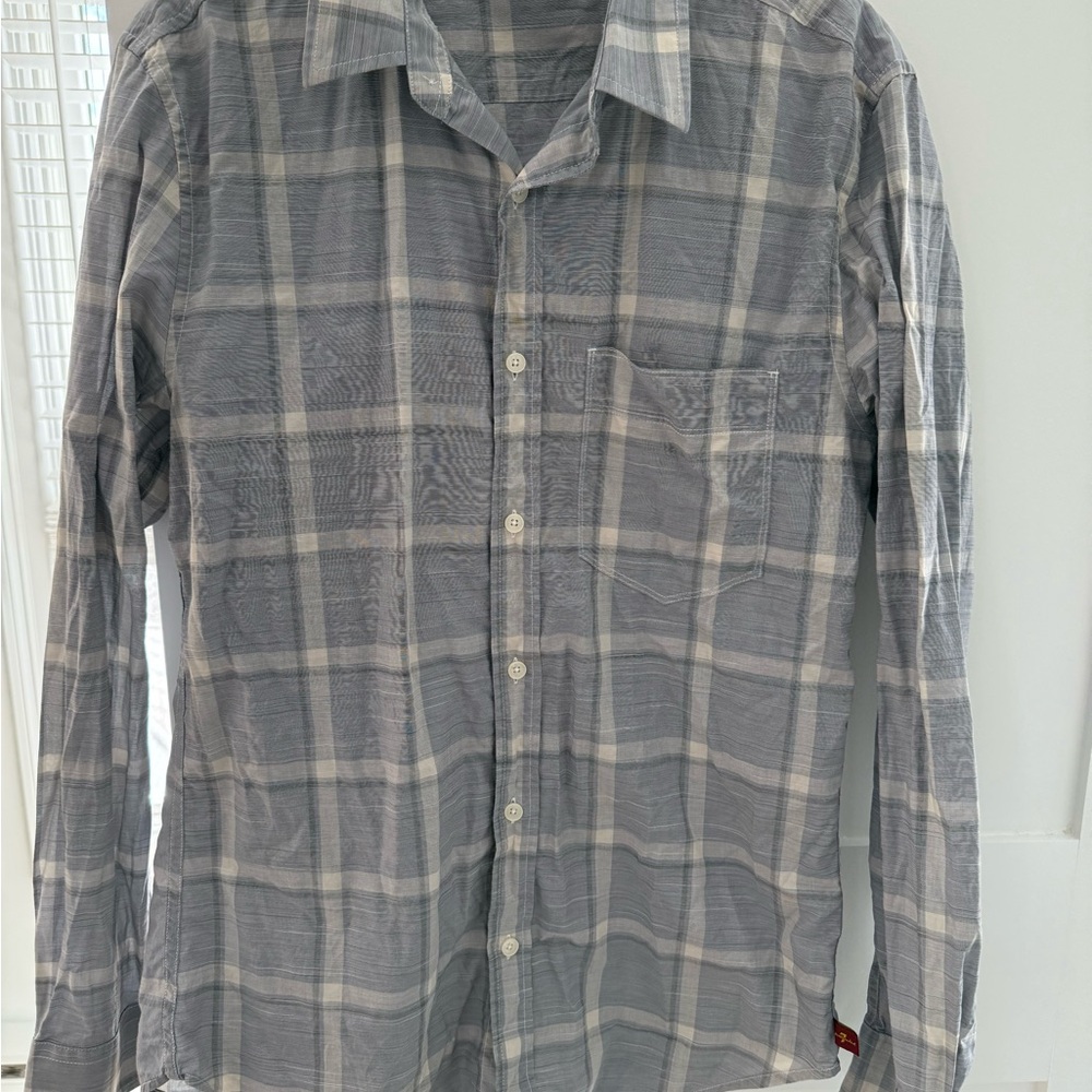 7 For All Mankind Gray/light blue Casual Button Down Shirt with Plaid Pattern